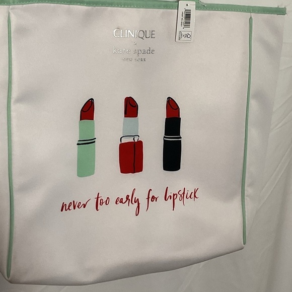 Clinique Kate Spade Lipstick Print Tote in White and Green - Picture 5 of 6